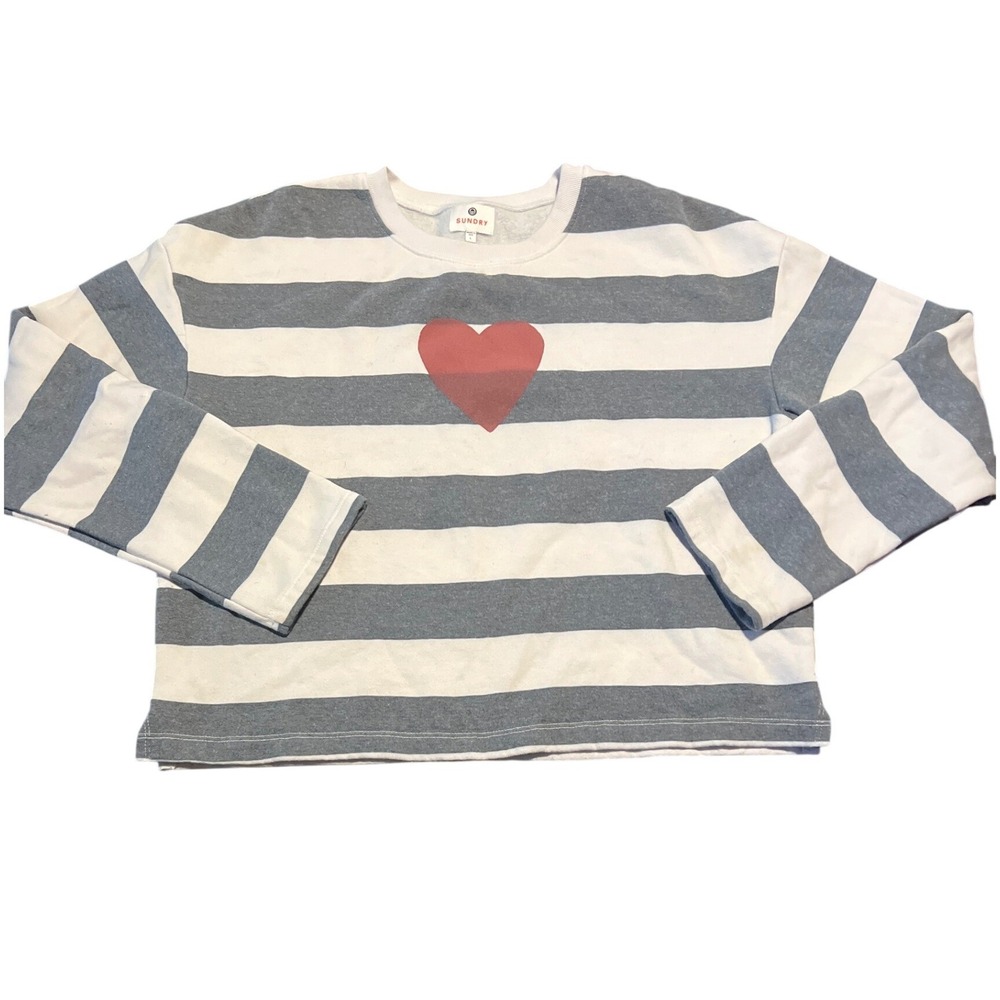 Sundry Striped Heart Sweatshirt Pullover Women's Size‎ L Made in USA